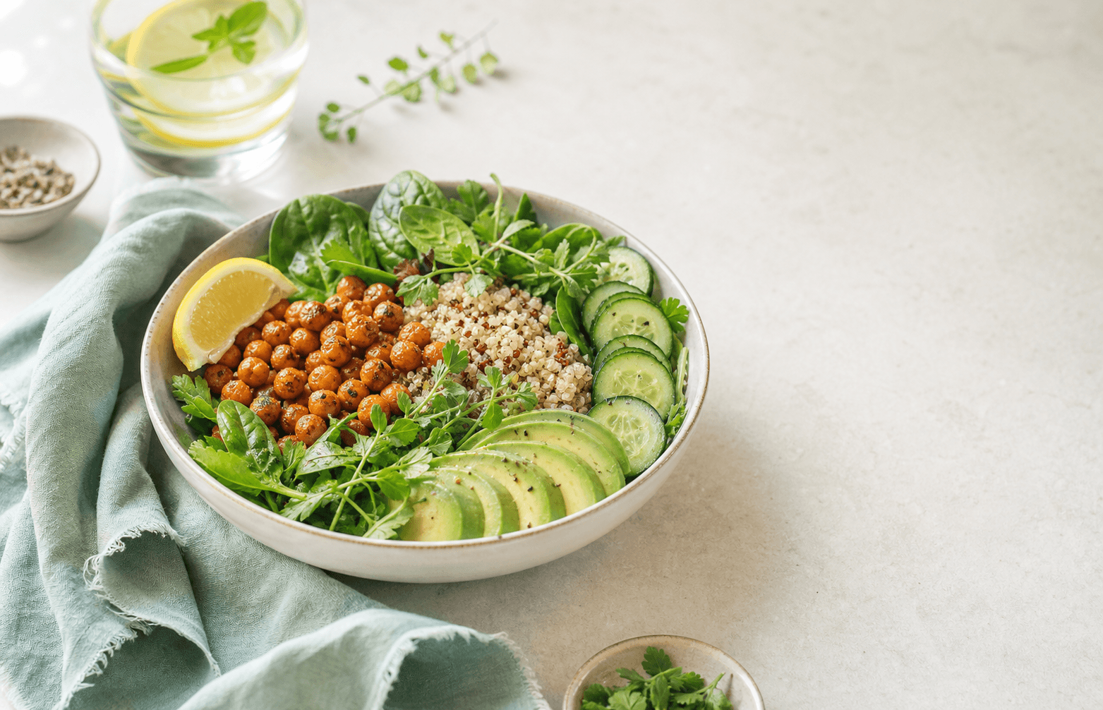 A balanced bowl with greens, avocado, quinoa and roasted chickpeas